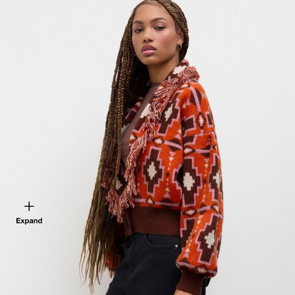 CIDER Boho Chunky Orange and Brown Oversized Sweater Button Down Fringe S - Picture 10 of 10